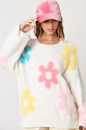 3d Fur Multi Color Floral Loose Fit Sweater