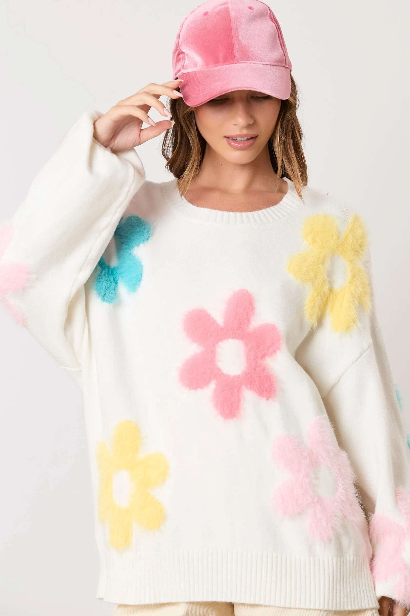 3d Fur Multi Color Floral Loose Fit Sweater