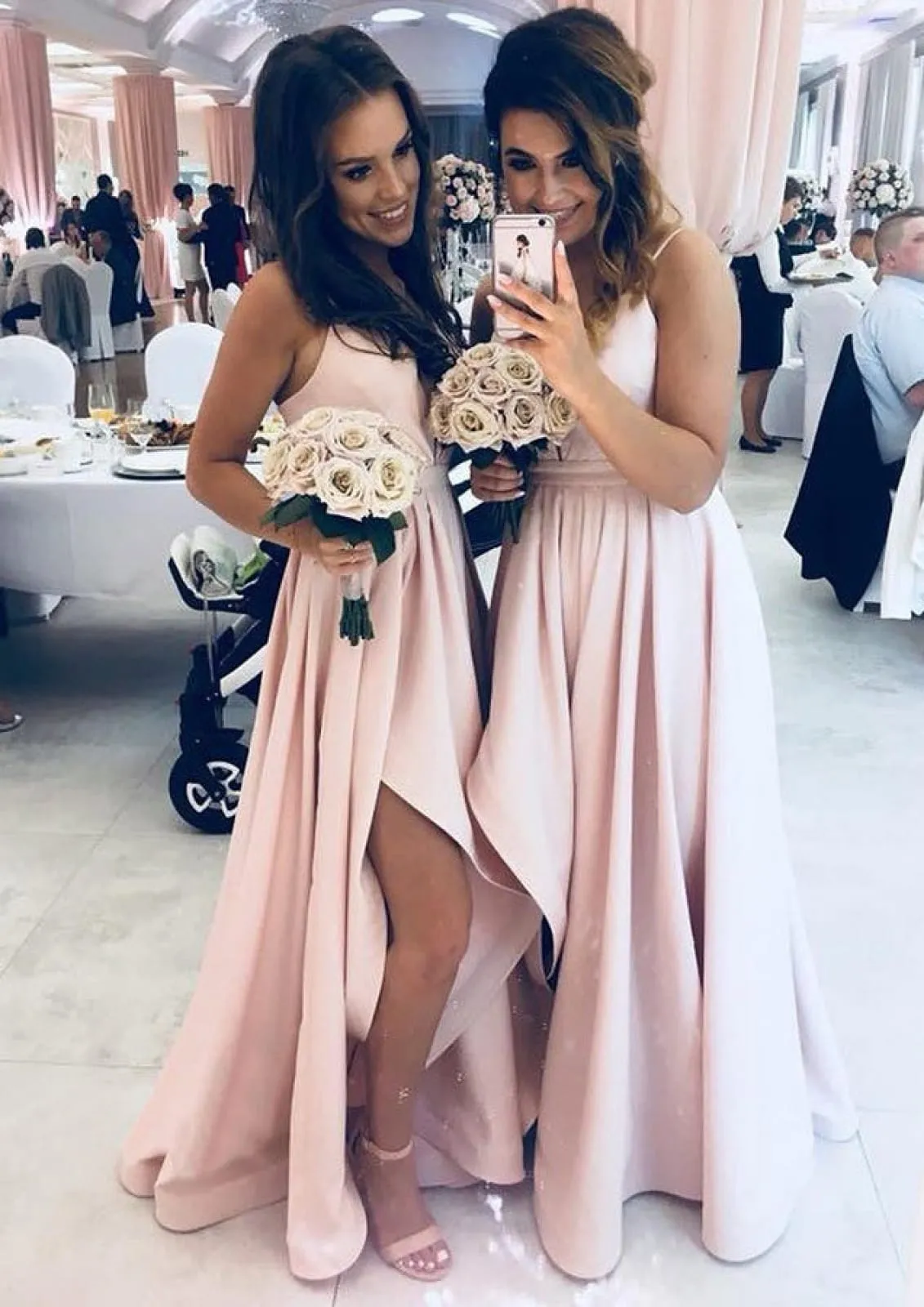 A-line Spaghetti Strap Plunge Satin Asymmetrical Hi-low Bridesmaid Dresses, Pleated