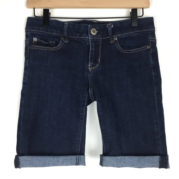 AMERICAN EAGLE Jean Shorts Cut Off Bermuda Long Stretch Denim Dark Wash Size 4