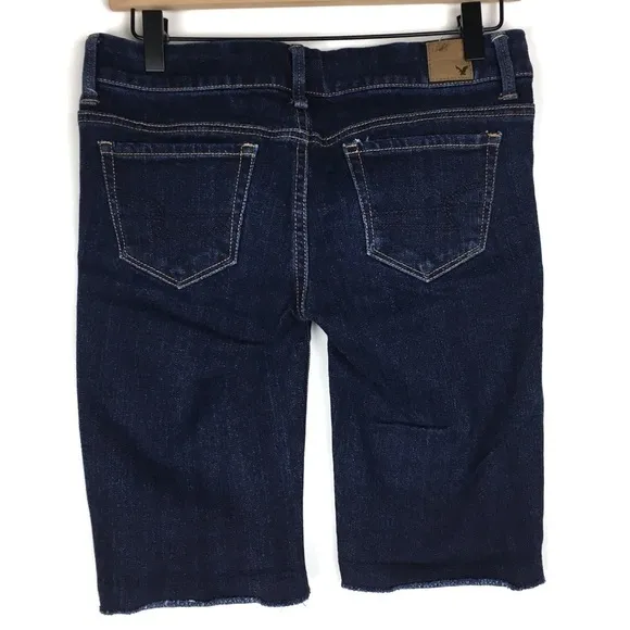 AMERICAN EAGLE Jean Shorts Cut Off Bermuda Long Stretch Denim Dark Wash Size 4