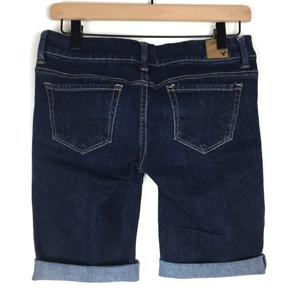 AMERICAN EAGLE Jean Shorts Cut Off Bermuda Long Stretch Denim Dark Wash Size 4