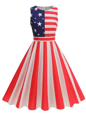 American Flag Stars Stripes  Sleeveless 1950S Vintage Dress