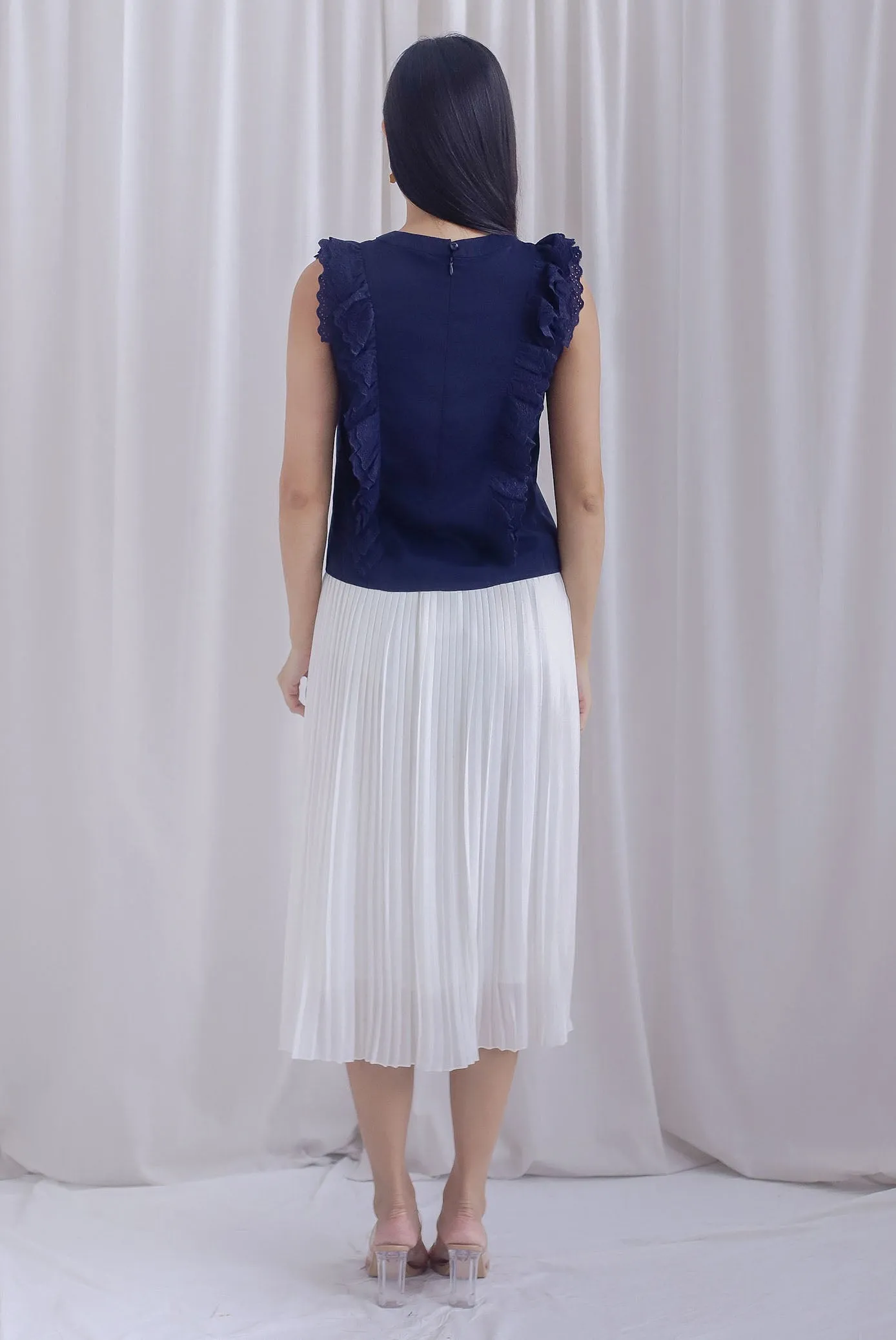 Ashlee Eyelet Flutter Oriental Collar Top In Navy Blue