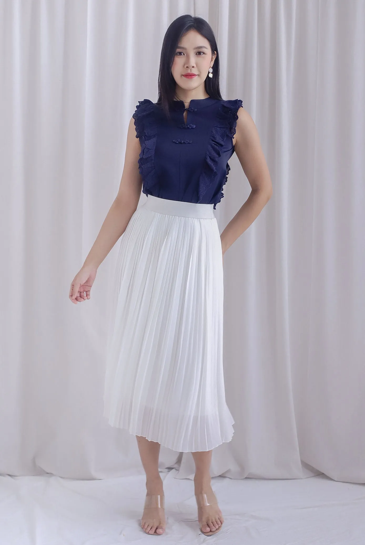 Ashlee Eyelet Flutter Oriental Collar Top In Navy Blue