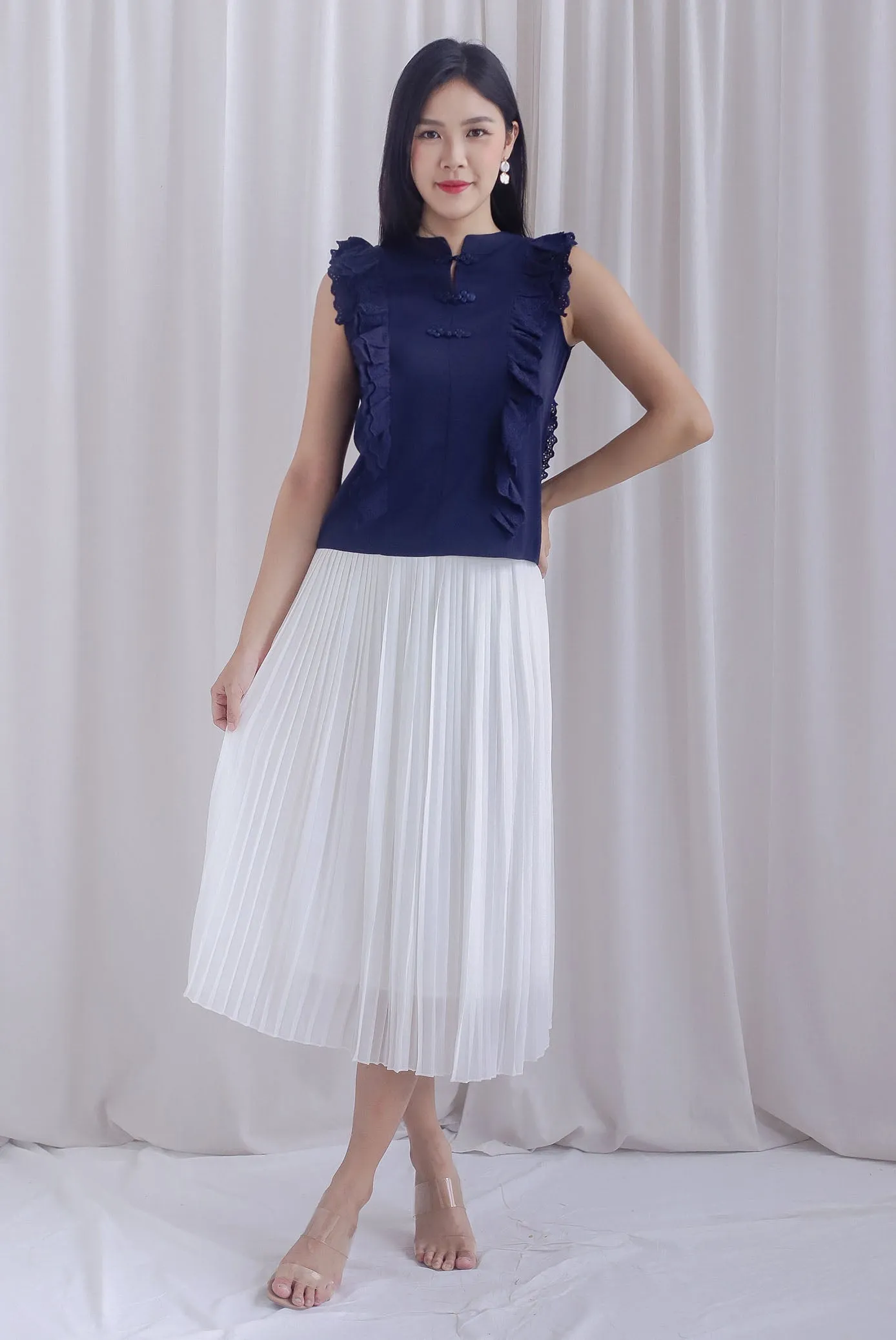 Ashlee Eyelet Flutter Oriental Collar Top In Navy Blue