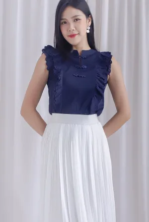 Ashlee Eyelet Flutter Oriental Collar Top In Navy Blue