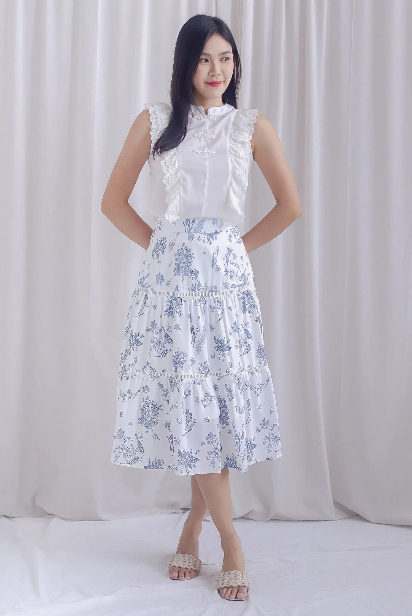 Ashlee Eyelet Flutter Oriental Collar Top In White