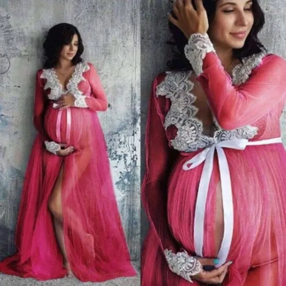 Baby Blue Maternity Photoshoot Lace on Mesh Gown Robe