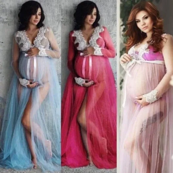 Baby Blue Maternity Photoshoot Lace on Mesh Gown Robe