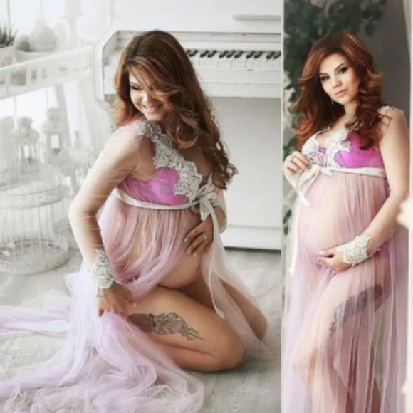 Baby Blue Maternity Photoshoot Lace on Mesh Gown Robe