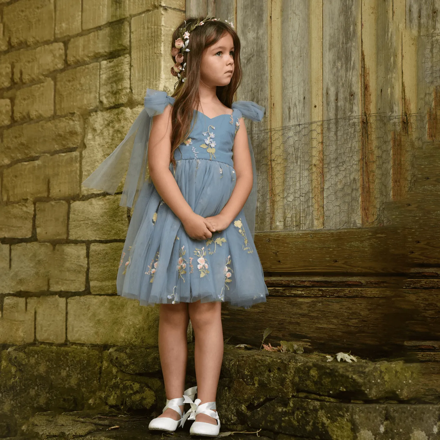 Baby Enchanted Angel Dress - Embroidered Dusty Blue