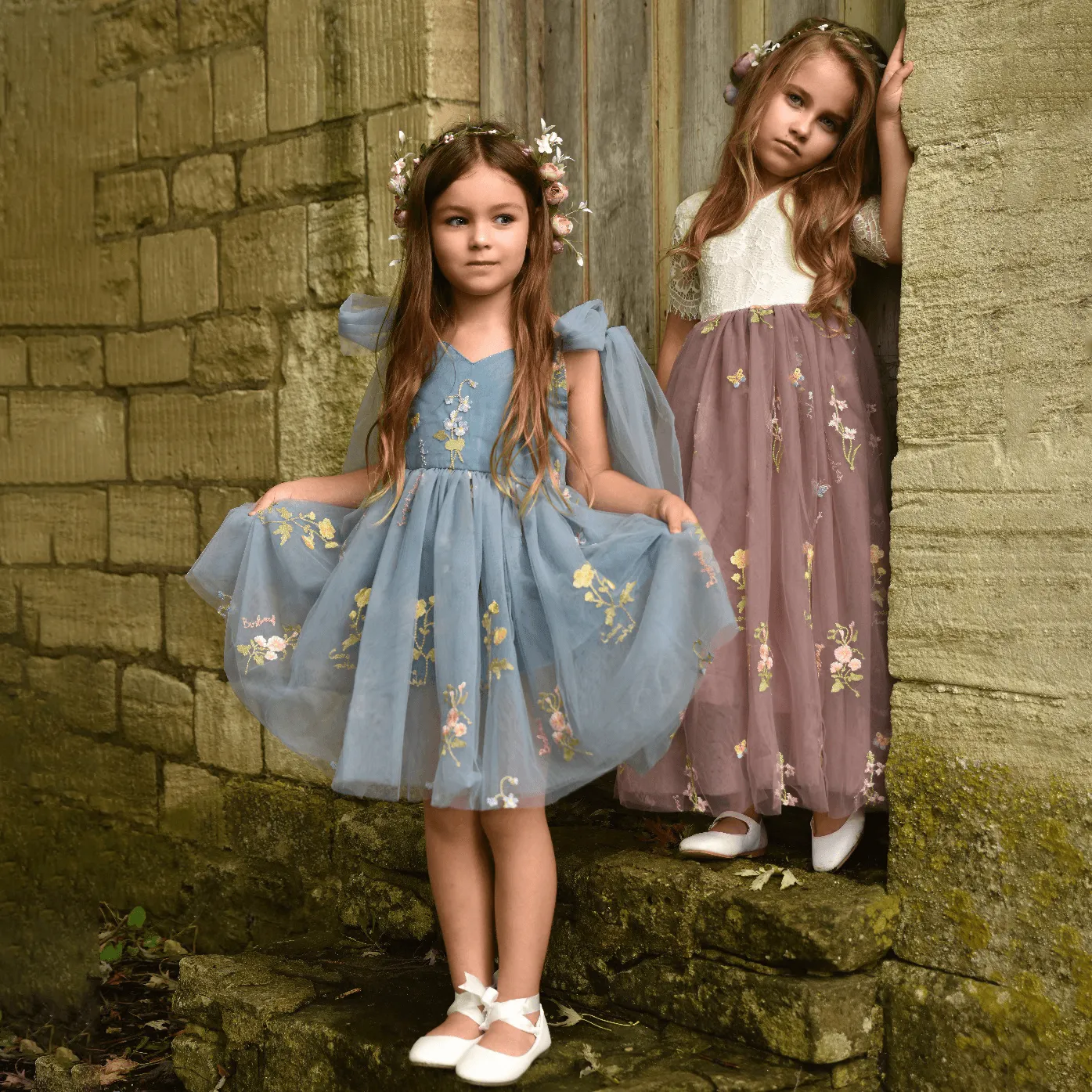 Baby Enchanted Angel Dress - Embroidered Dusty Blue