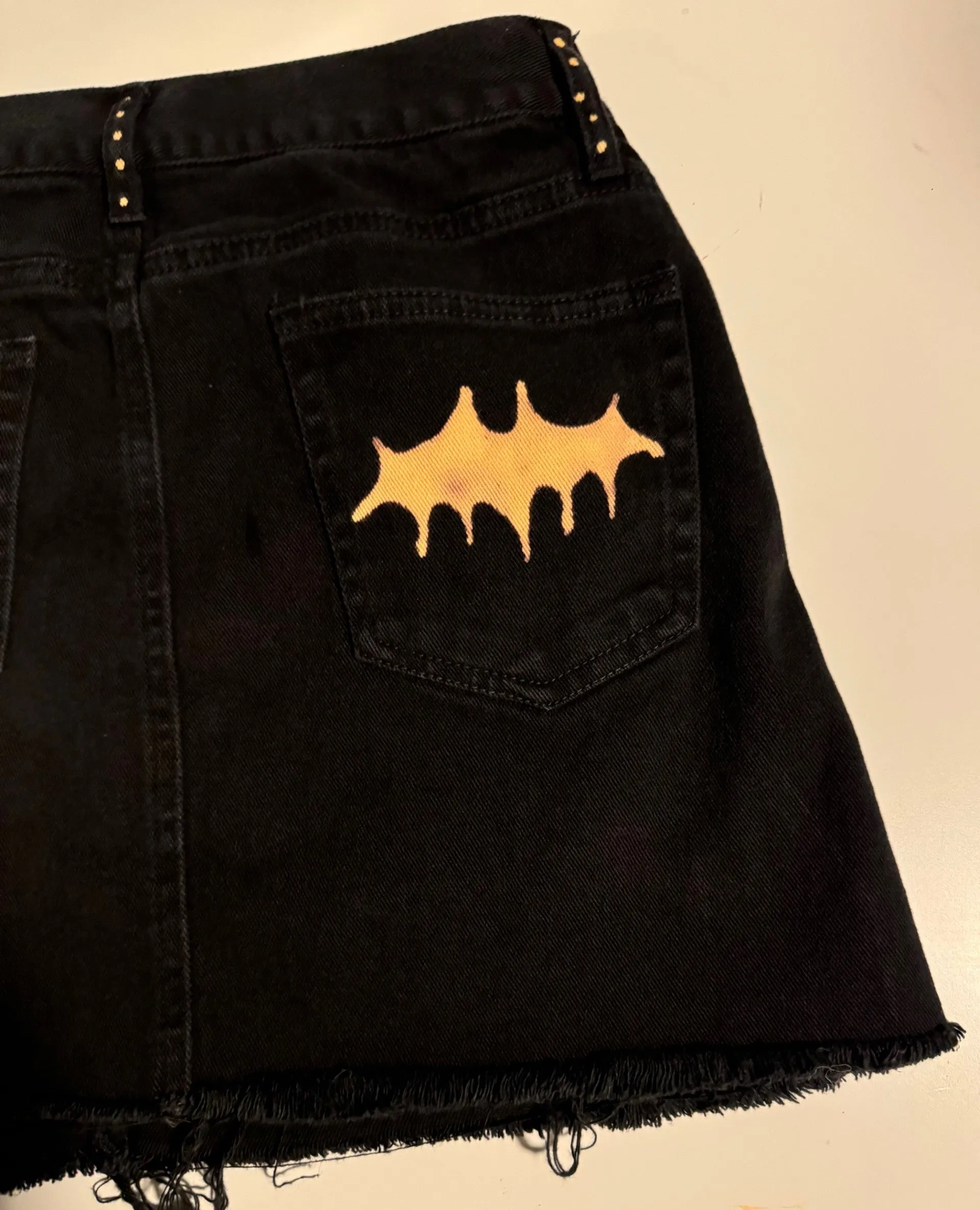 Bat and Moon Hand Bleached Mini Skirt- Repurposed Melville Raw Hem Size 38