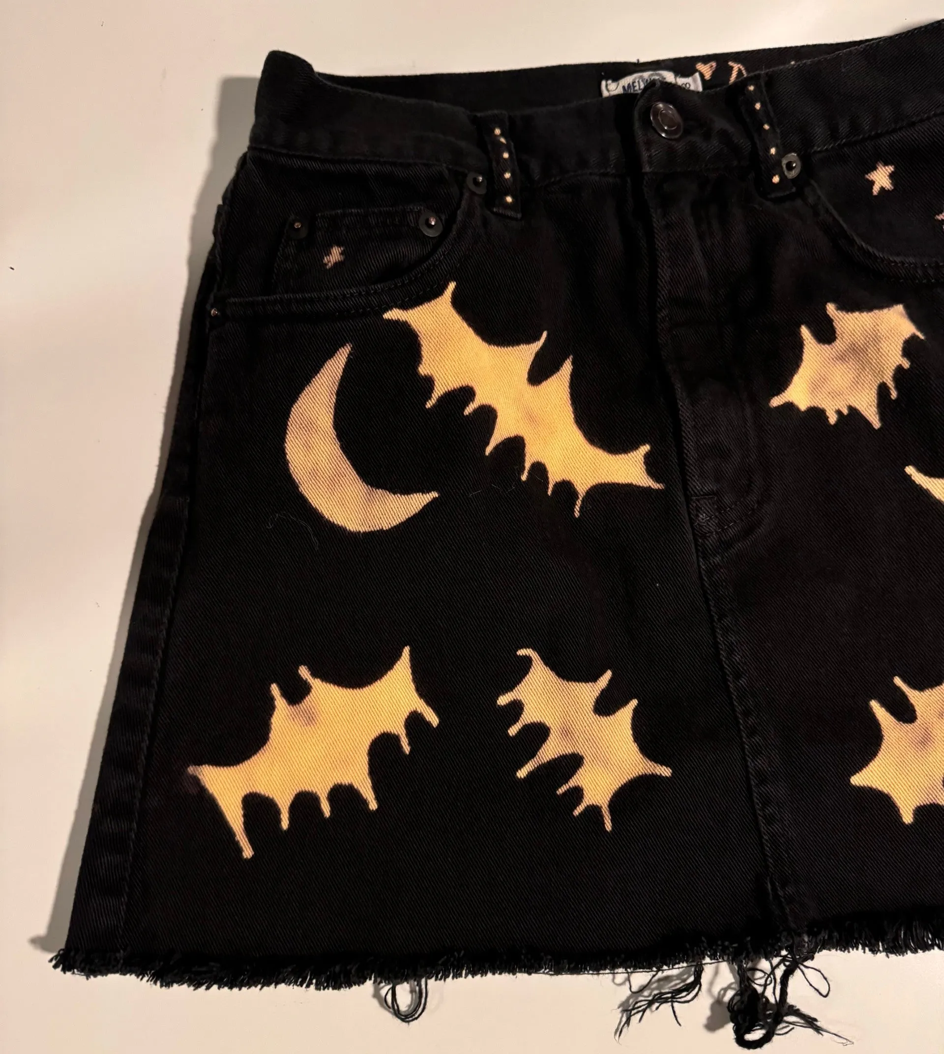 Bat and Moon Hand Bleached Mini Skirt- Repurposed Melville Raw Hem Size 38