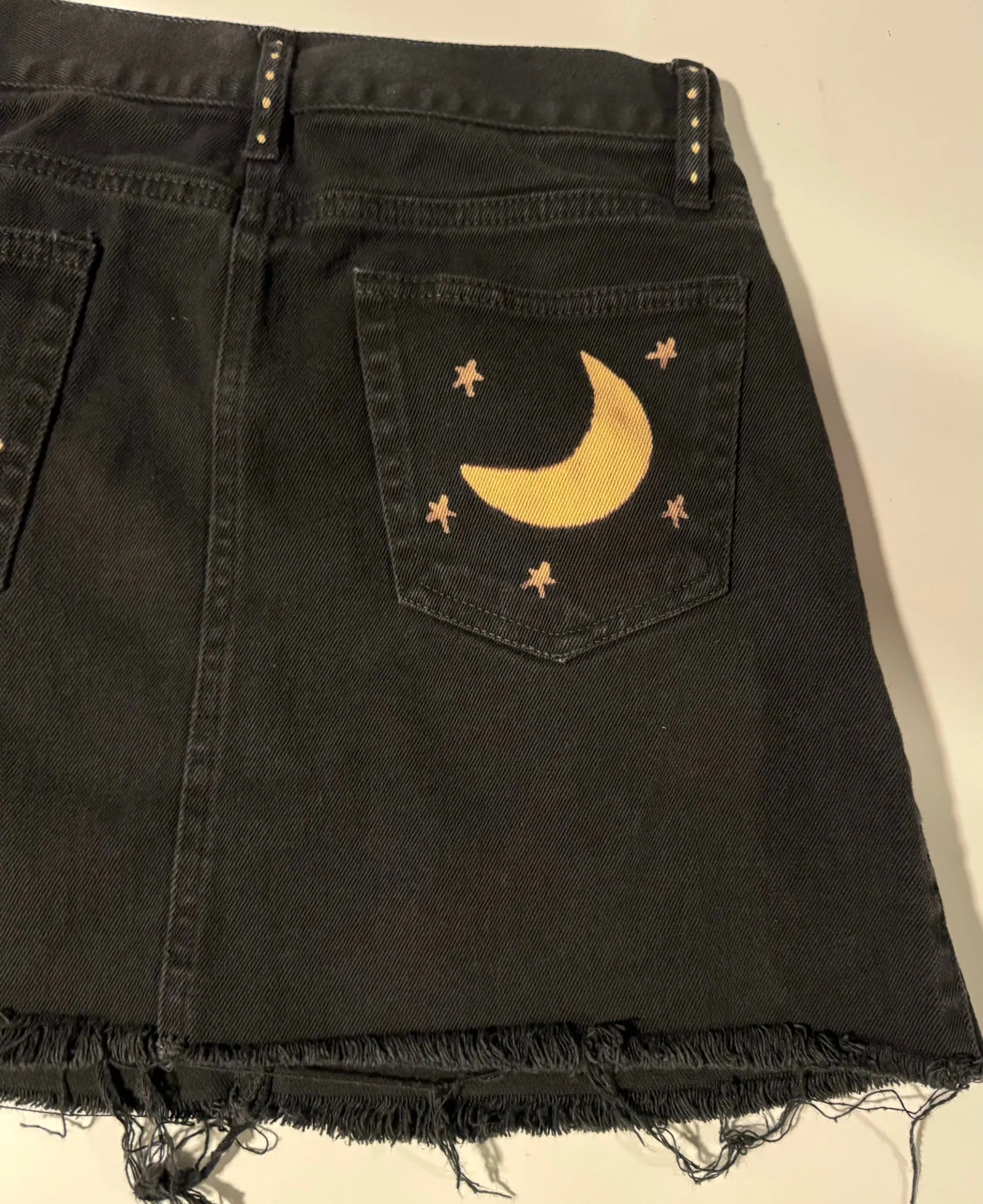 Bat and Moon Hand Bleached Mini Skirt- Repurposed Melville Raw Hem Size 38