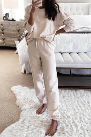 Beige Solid Long Sleeve Drawstring Two Piece Set