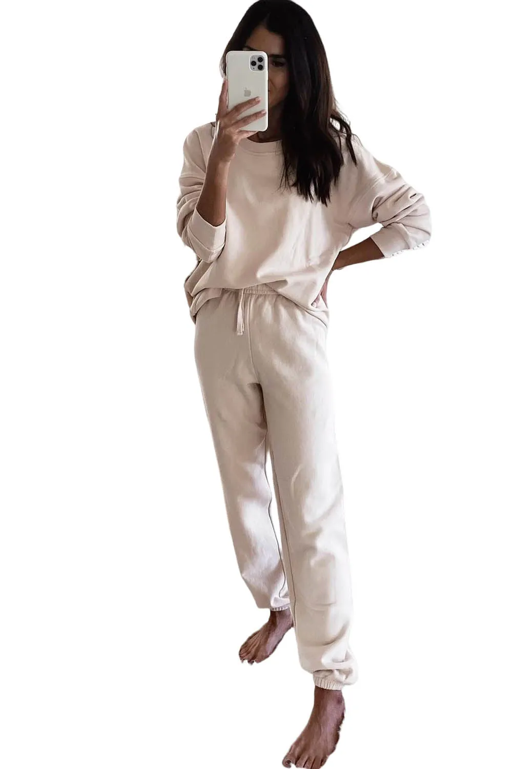 Beige Solid Long Sleeve Drawstring Two Piece Set