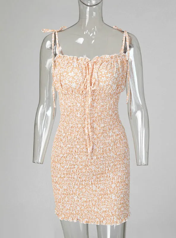 BerryBetty - Casual Mini Floral Print Spaghetti Strap Shirring Design Dress