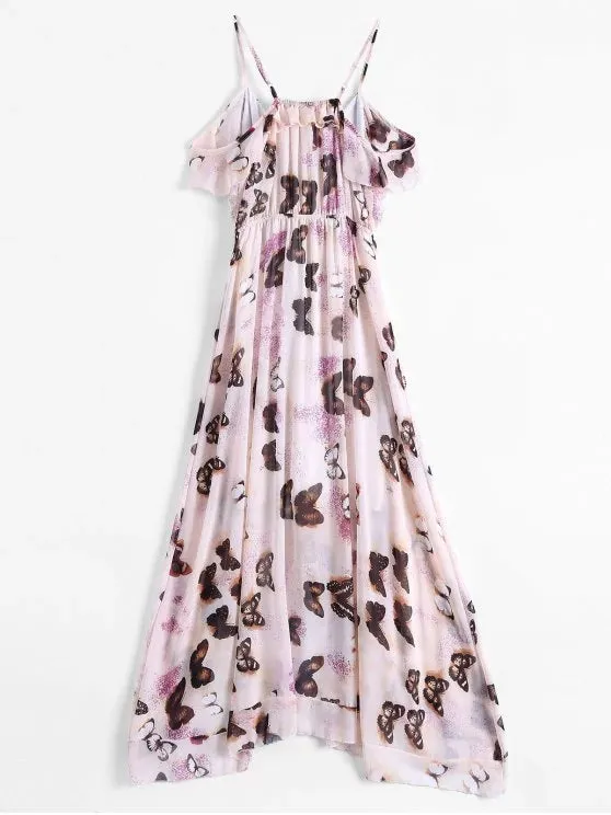 BerryBetty - Cute Butterfly Cold Shoulder Chiffon Dress