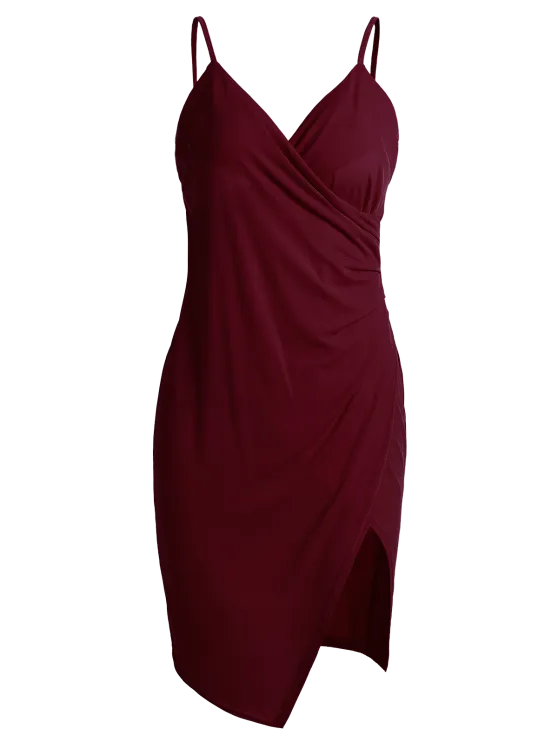 BerryBetty - Fashion Spaghetti Strap Ruched Asymmetric Bodycon Dress