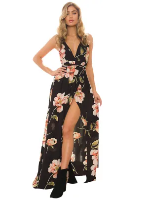 BerryBetty - Floral Print Dress V-Neck Sleeveless Spaghetti Strap