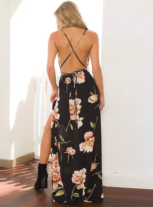 BerryBetty - Floral Print Dress V-Neck Sleeveless Spaghetti Strap