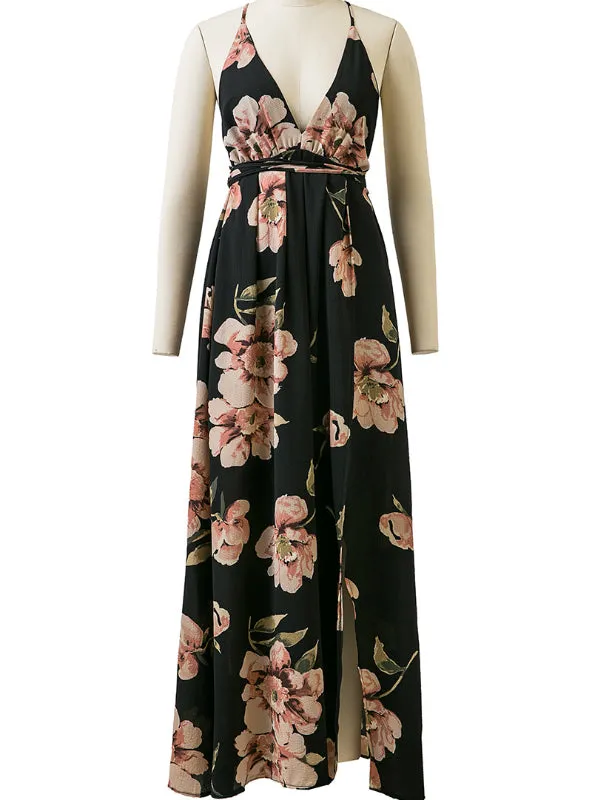 BerryBetty - Floral Print Dress V-Neck Sleeveless Spaghetti Strap