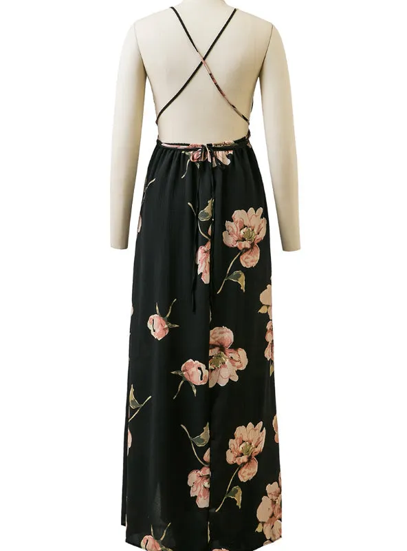 BerryBetty - Floral Print Dress V-Neck Sleeveless Spaghetti Strap