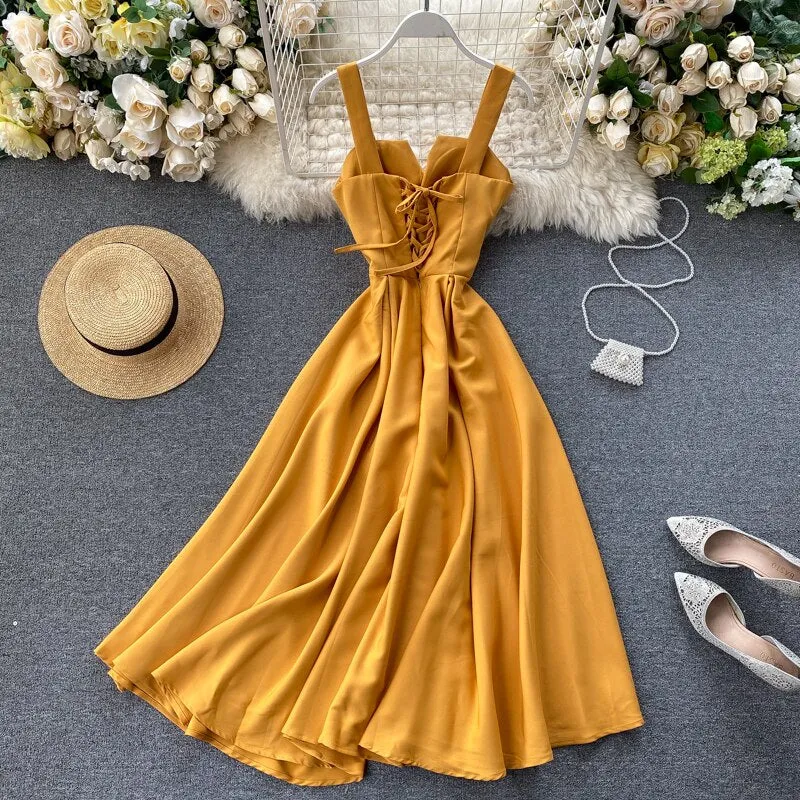 BerryBetty - New Women V-neck Party Dress Summer Retro Solid Color High Waist Long Robe Ladies Slim Backless Bodycon Dress Vestidos