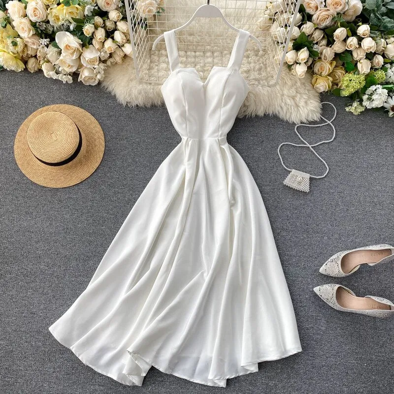 BerryBetty - New Women V-neck Party Dress Summer Retro Solid Color High Waist Long Robe Ladies Slim Backless Bodycon Dress Vestidos
