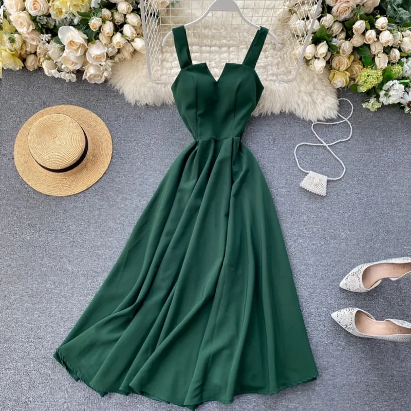 BerryBetty - New Women V-neck Party Dress Summer Retro Solid Color High Waist Long Robe Ladies Slim Backless Bodycon Dress Vestidos