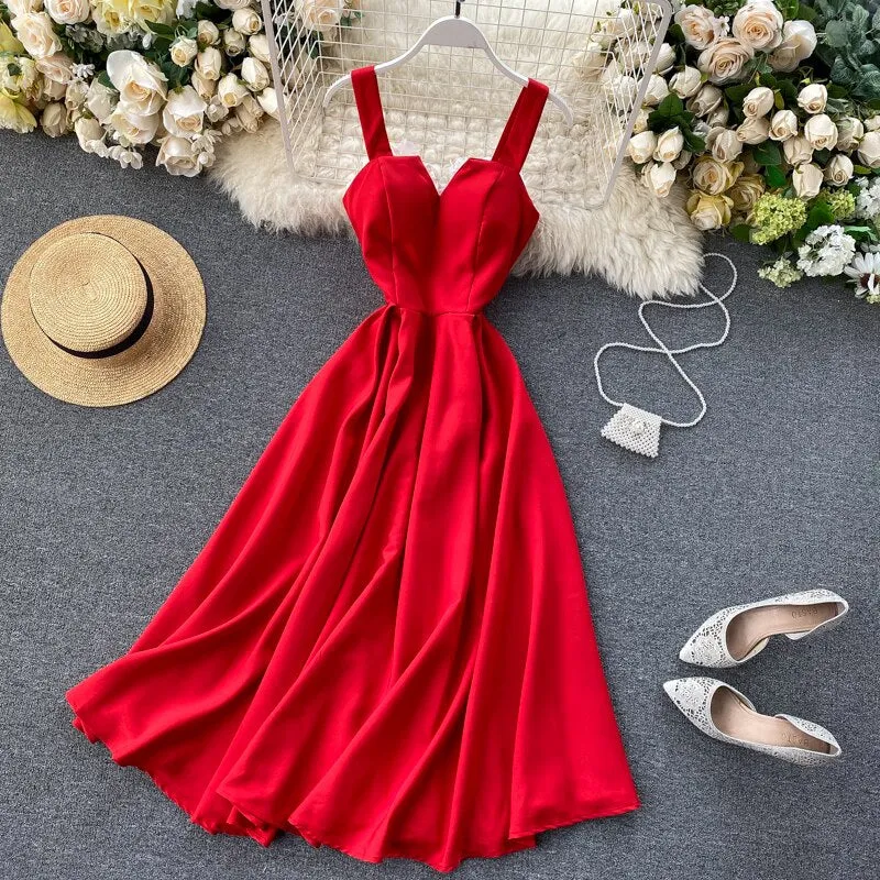 BerryBetty - New Women V-neck Party Dress Summer Retro Solid Color High Waist Long Robe Ladies Slim Backless Bodycon Dress Vestidos