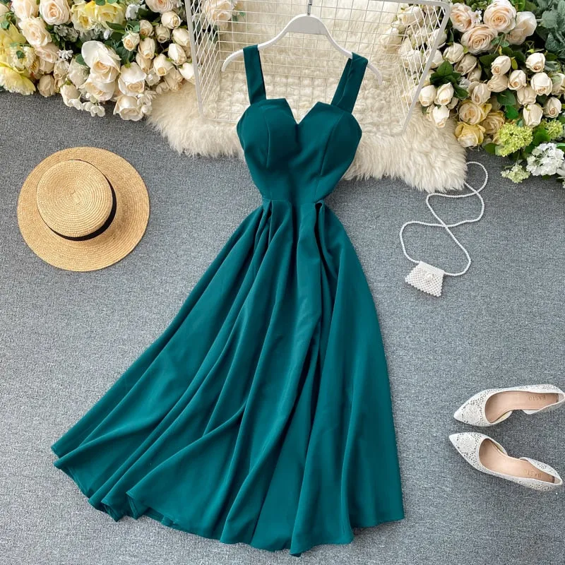 BerryBetty - New Women V-neck Party Dress Summer Retro Solid Color High Waist Long Robe Ladies Slim Backless Bodycon Dress Vestidos