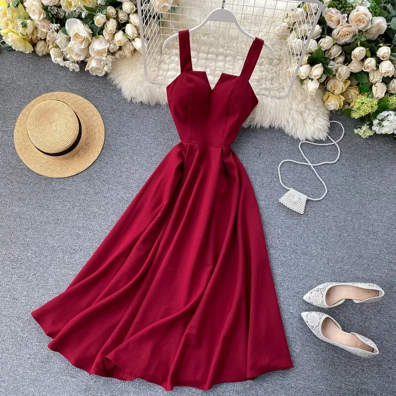 BerryBetty - New Women V-neck Party Dress Summer Retro Solid Color High Waist Long Robe Ladies Slim Backless Bodycon Dress Vestidos