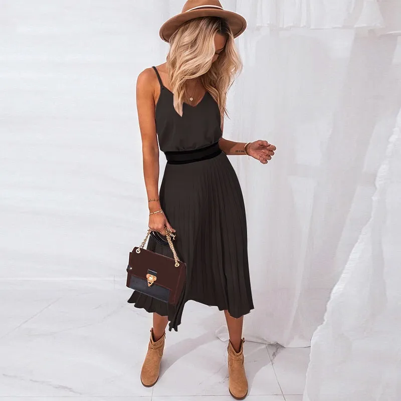 BerryBetty - Sexy Women Summer Sexy Dress Spaghetti Strap Dress V-Neck Pink Female Pleated Midi Dress Casual Office Ladies Party Dresses