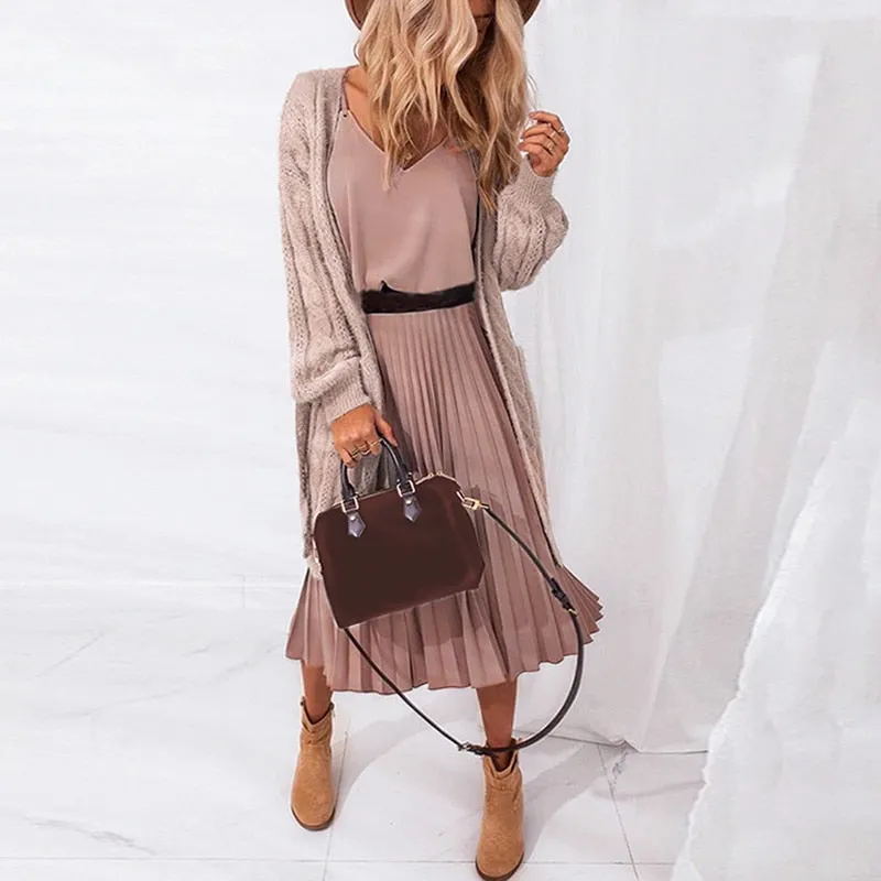 BerryBetty - Sexy Women Summer Sexy Dress Spaghetti Strap Dress V-Neck Pink Female Pleated Midi Dress Casual Office Ladies Party Dresses