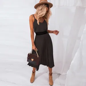 BerryBetty - Sexy Women Summer Sexy Dress Spaghetti Strap Dress V-Neck Pink Female Pleated Midi Dress Casual Office Ladies Party Dresses