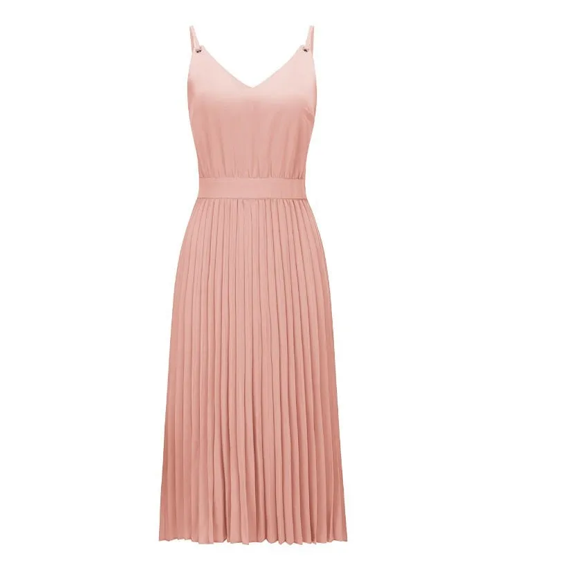 BerryBetty - Sexy Women Summer Sexy Dress Spaghetti Strap Dress V-Neck Pink Female Pleated Midi Dress Casual Office Ladies Party Dresses