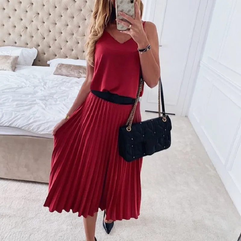 BerryBetty - Sexy Women Summer Sexy Dress Spaghetti Strap Dress V-Neck Pink Female Pleated Midi Dress Casual Office Ladies Party Dresses