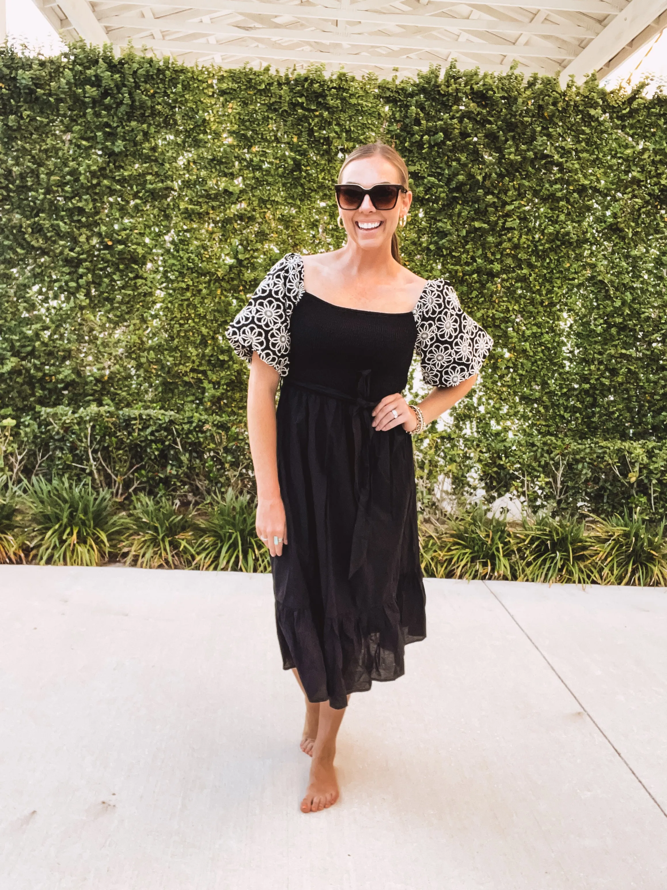 Black Embroidered Balloon Sleeve Midi Dress with Waist Tie