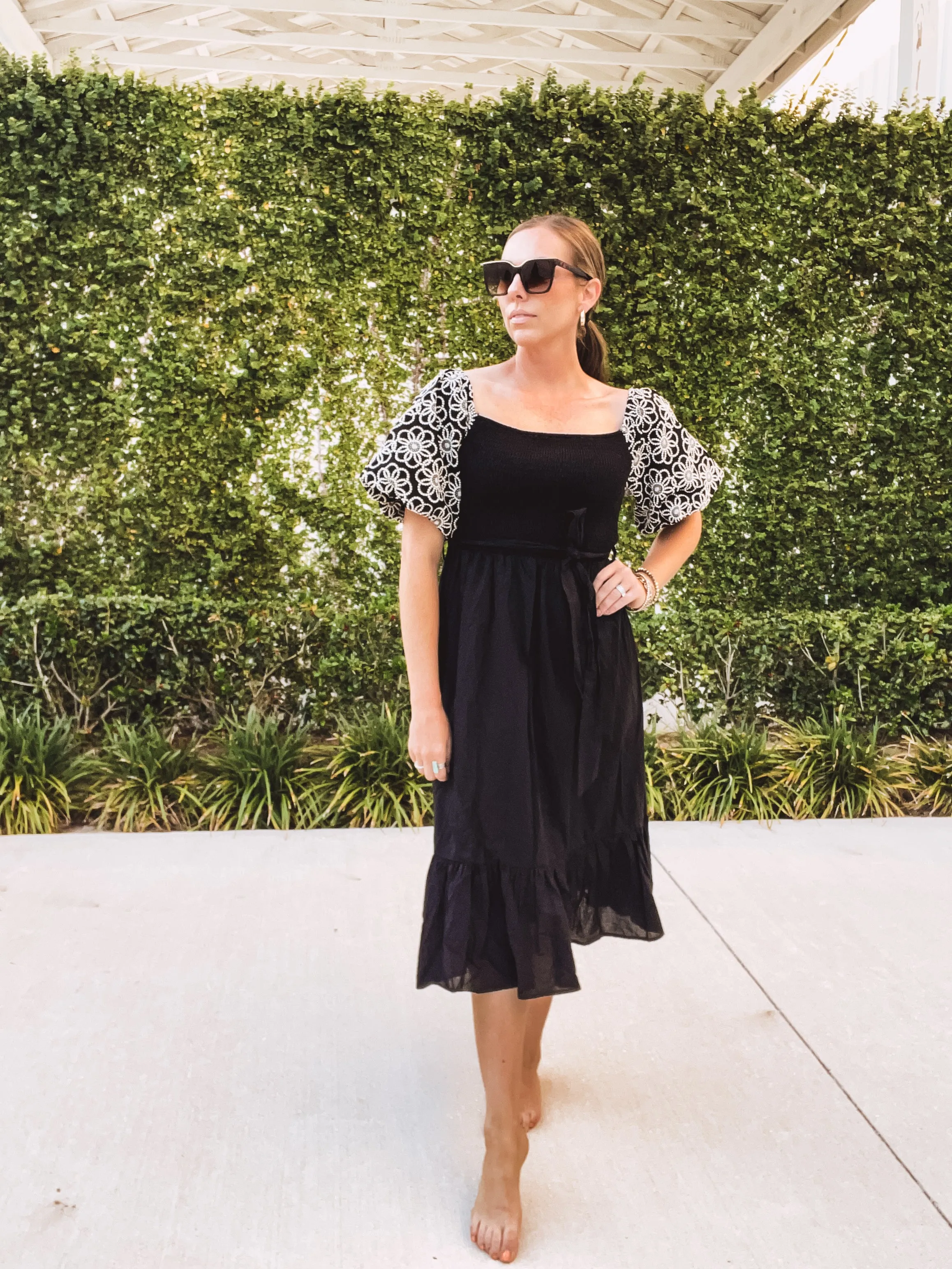Black Embroidered Balloon Sleeve Midi Dress with Waist Tie