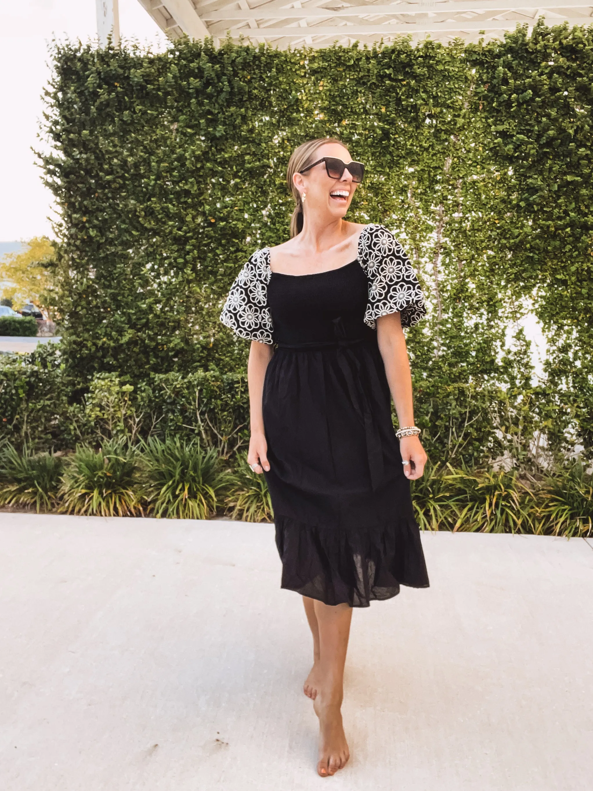 Black Embroidered Balloon Sleeve Midi Dress with Waist Tie