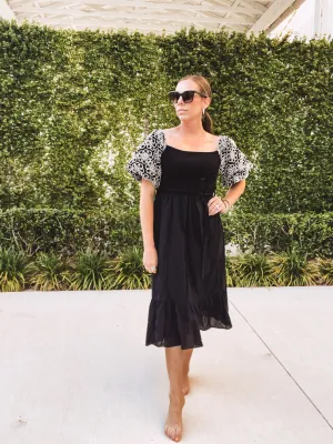 Black Embroidered Balloon Sleeve Midi Dress with Waist Tie