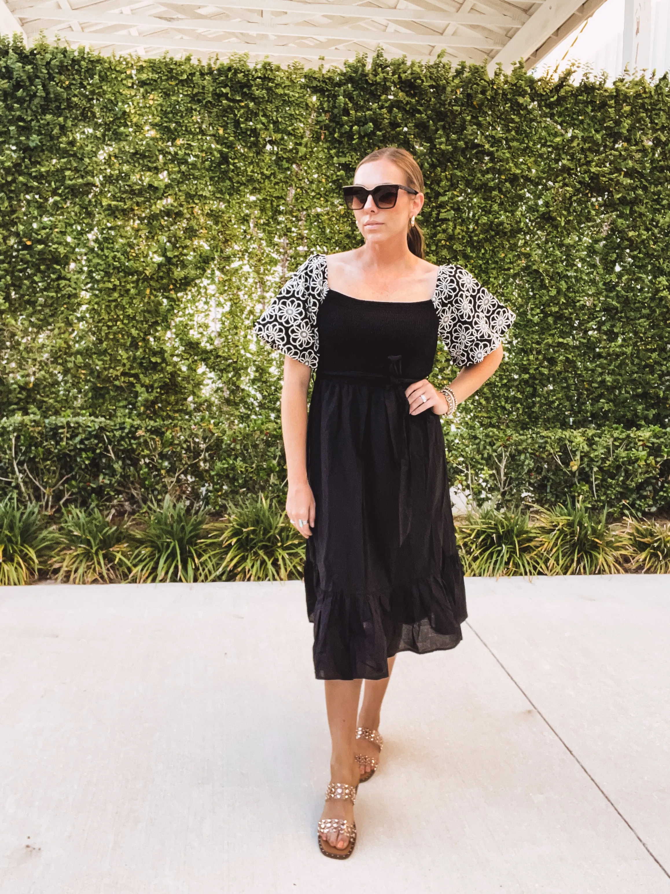 Black Embroidered Balloon Sleeve Midi Dress with Waist Tie