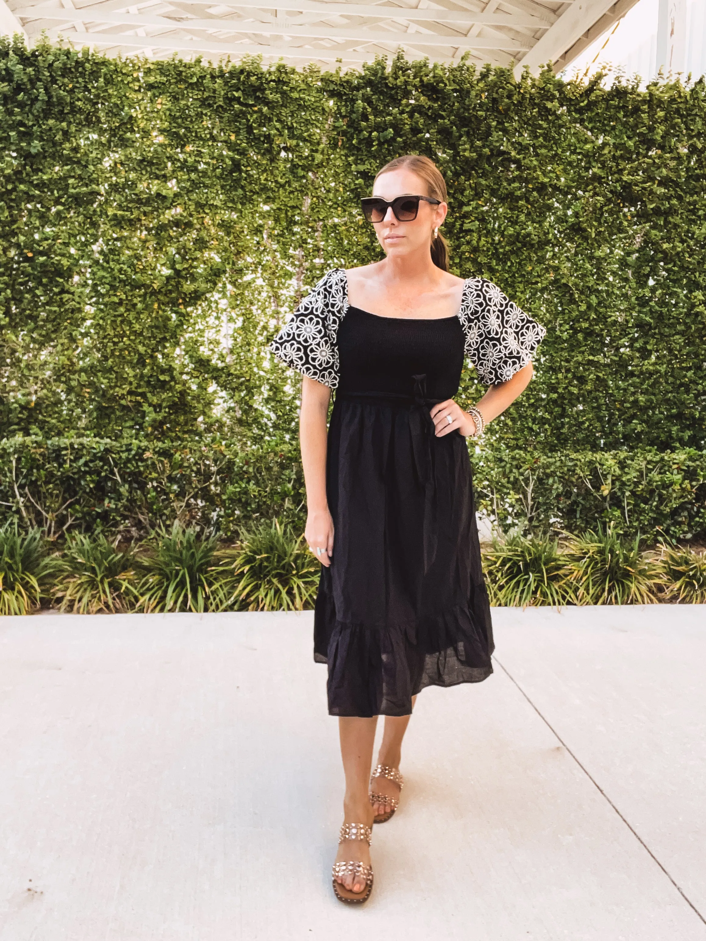 Black Embroidered Balloon Sleeve Midi Dress with Waist Tie