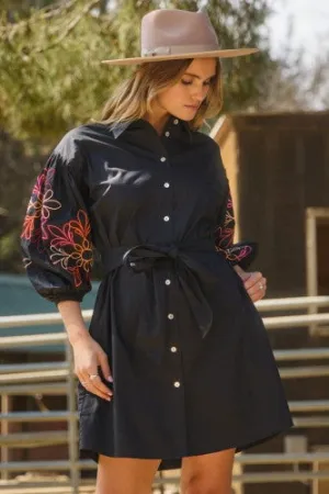 Black Embroidered Puff Sleeve Button Up Dress