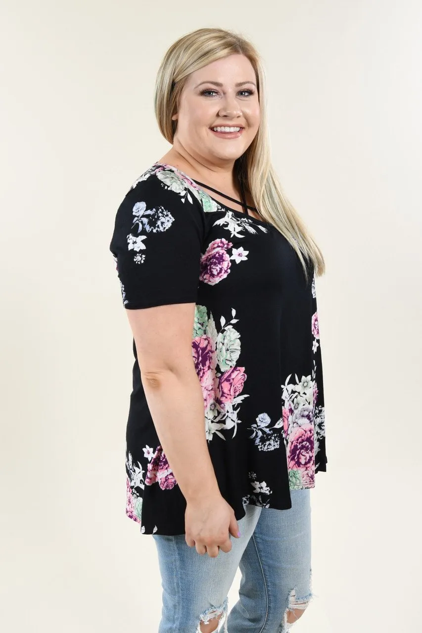 Black Floral Criss Cross Top