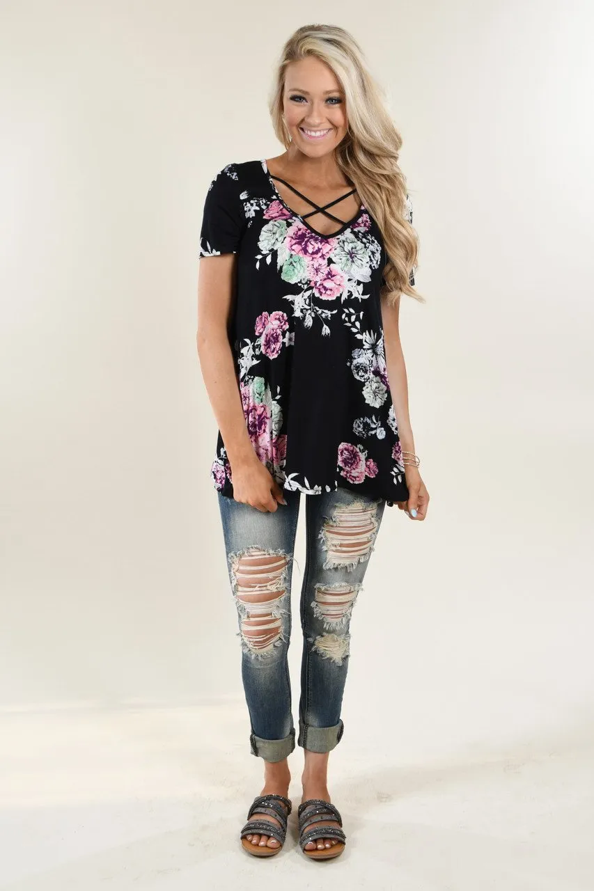 Black Floral Criss Cross Top