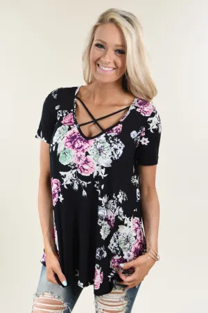 Black Floral Criss Cross Top